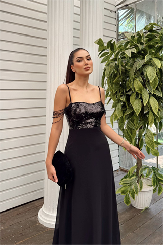 Nea Payetli Kol Saçaklı Abiye 24758 SİYAH