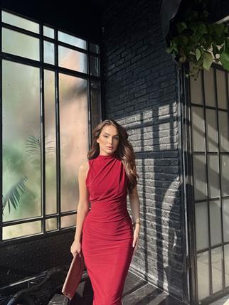 Nehir Yırtmaçlı Sandy Elbise 13287 BORDO