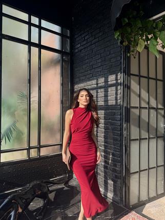 Nehir Yırtmaçlı Sandy Elbise 13287 BORDO