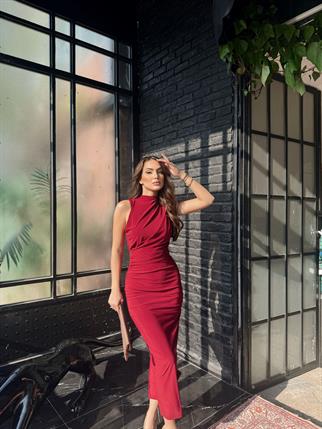 Nehir Yırtmaçlı Sandy Elbise 13287 BORDO