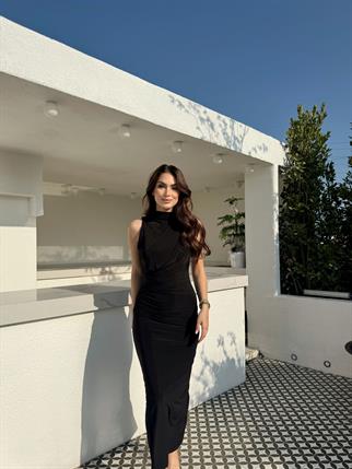 Nehir Yırtmaçlı Sandy Elbise 13287 SİYAH