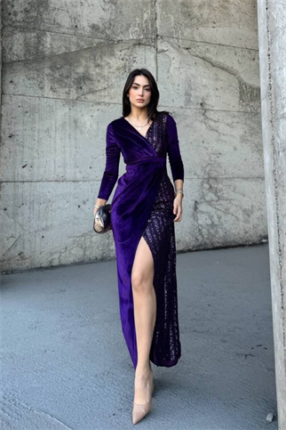 Nerie Payet İşleme Detay Kadife Abiye MOR 45594