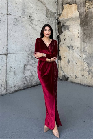 Nerie Payet İşleme Detay Kadife Abiye BORDO  45594