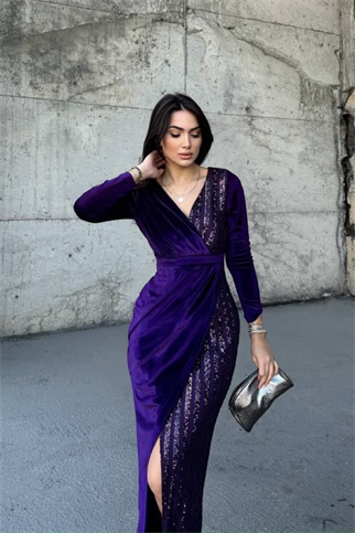 Nerie Payet İşleme Detay Kadife Abiye MOR 45594