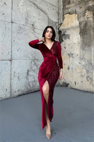 Nerie Payet İşleme Detay Kadife Abiye BORDO  45594
