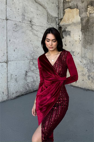 Nerie Payet İşleme Detay Kadife Abiye BORDO  45594