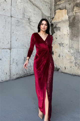 Nerie Payet İşleme Detay Kadife Abiye BORDO  45594