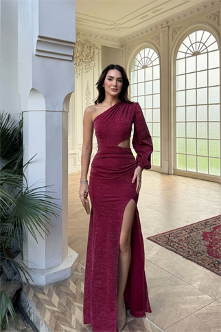 Nilsu Tek Omuz Tasarım Simli Abiye 583061 KIRMIZI