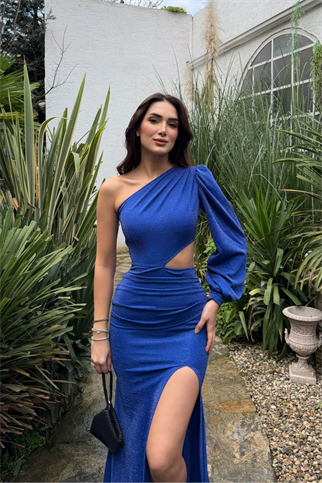 Nilsu Tek Omuz Tasarım Simli Abiye 583061 SAKS MAVİSİ