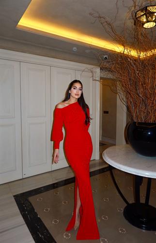 Nova Simli Kumaş Tek Kol Abiye 583049 KIRMIZI