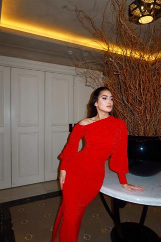 Nova Simli Kumaş Tek Kol Abiye 583049 KIRMIZI