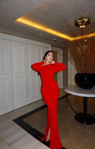 Nova Simli Kumaş Tek Kol Abiye 583049 KIRMIZI