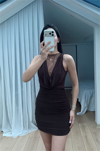 Nutty Degaje Yaka Güpür Mini Elbise 4110