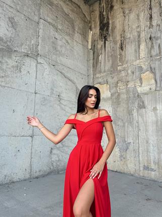 Omuzları Düşük Yırtmaçlı Abiye 58871 KIRMIZI A9X