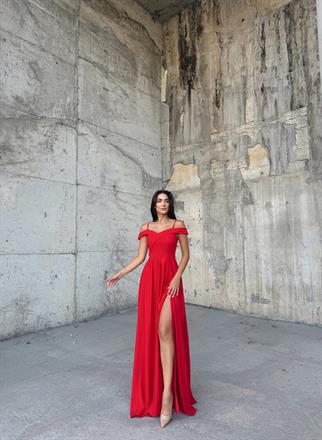 Omuzları Düşük Yırtmaçlı Abiye 58871 KIRMIZI A9X