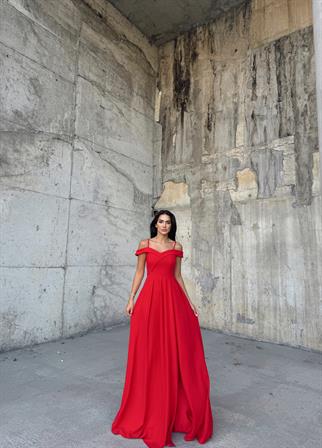 Omuzları Düşük Yırtmaçlı Abiye 58871 KIRMIZI A9X