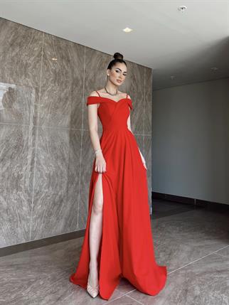 Omuzları Düşük Yırtmaçlı Abiye 58871 KIRMIZI A9X