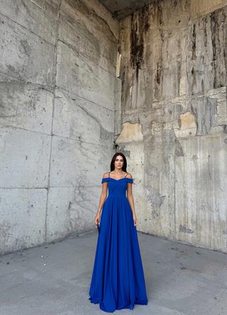 Omuzları Düşük Yırtmaçlı Abiye 58871 SAKS MAVİSİ