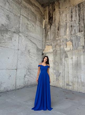 Omuzları Düşük Yırtmaçlı Abiye 58871 SAKS MAVİSİ