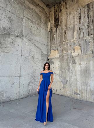 Omuzları Düşük Yırtmaçlı Abiye 58871 SAKS MAVİSİ