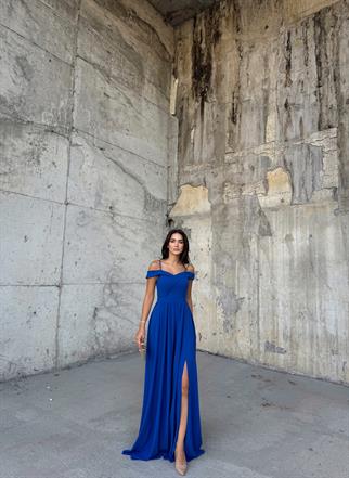 Omuzları Düşük Yırtmaçlı Abiye 58871 SAKS MAVİSİ