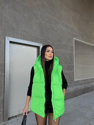Oversize Fermuar Detay Kapitone Şişme Yelek 2023 NEON YEŞİL