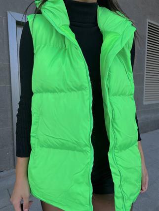 Oversize Fermuar Detay Kapitone Şişme Yelek 2023 NEON YEŞİL