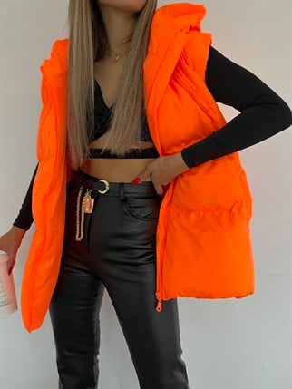 Oversize Fermuar Detay Kapitone Şişme Yelek Neon Turuncu XX