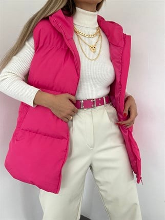 Oversize Fermuar Detay Kapitone Şişme Yelek FUŞYA XX Z1