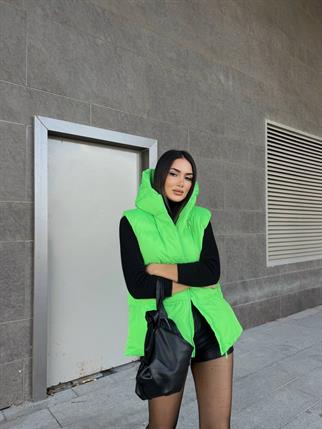 Oversize Fermuar Detay Kapitone Şişme Yelek 2023 NEON YEŞİL