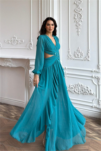 Owen Bel Transparan Abiye 9268 TURKUAZ