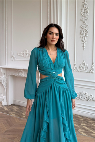 Owen Bel Transparan Abiye 9268 TURKUAZ