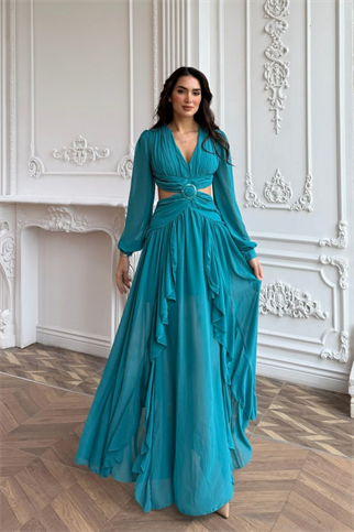 Owen Bel Transparan Abiye 9268 TURKUAZ