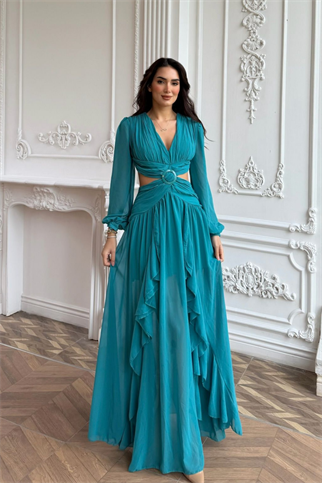 Owen Bel Transparan Abiye 9268 TURKUAZ