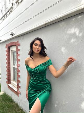 Ozark Madonna Yaka Anvelop Saten Elbise 582832 YEŞİL