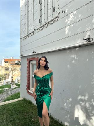 Ozark Madonna Yaka Anvelop Saten Elbise 582832 YEŞİL