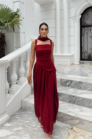 Özgün Kalın Askılı Etek Şifon Abiye 6076