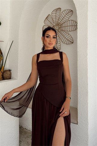 Özgün Kalın Askılı Etek Şifon Abiye 6076