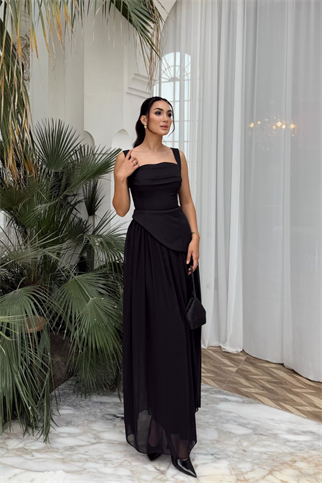 Özgün Kalın Askılı Etek Şifon Abiye 6076