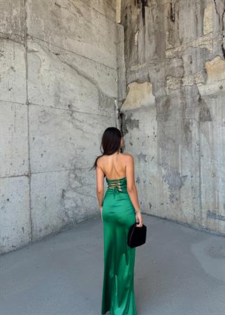 Pamira Ön Düğüm Detay Straplez Saten Abiye 582836 ZÜMRÜT