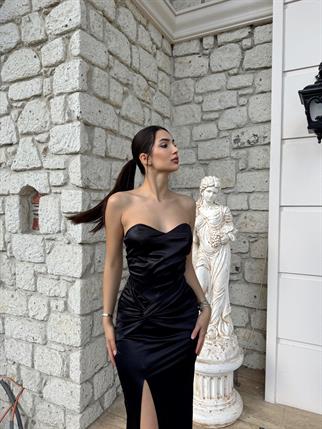 Pamira Ön Düğüm Detay Straplez Saten Abiye 582836 SİYAH
