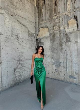 Pamira Ön Düğüm Detay Straplez Saten Abiye 582836 ZÜMRÜT