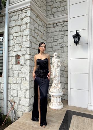 Pamira Ön Düğüm Detay Straplez Saten Abiye 582836 SİYAH