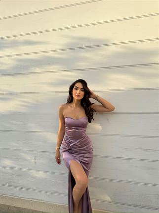 Pamira Ön Düğüm Detay Straplez Saten Abiye 582836 LİLA