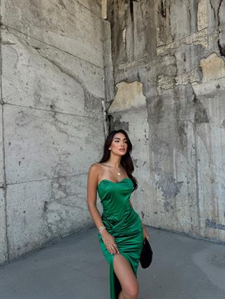 Pamira Ön Düğüm Detay Straplez Saten Abiye 582836 ZÜMRÜT