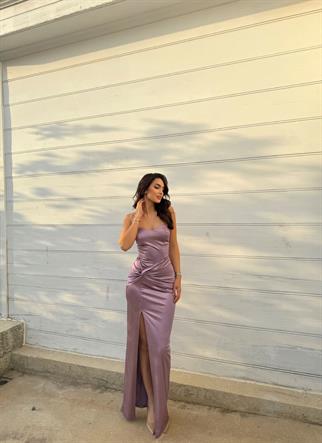 Pamira Ön Düğüm Detay Straplez Saten Abiye 582836 LİLA