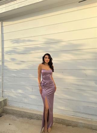 Pamira Ön Düğüm Detay Straplez Saten Abiye 582836 LİLA