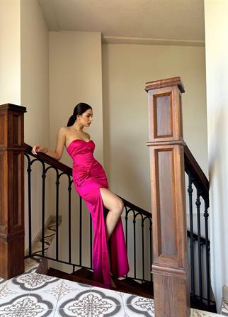 Pamira Ön Düğüm Detay Straplez Saten Abiye 582836 FUŞYA