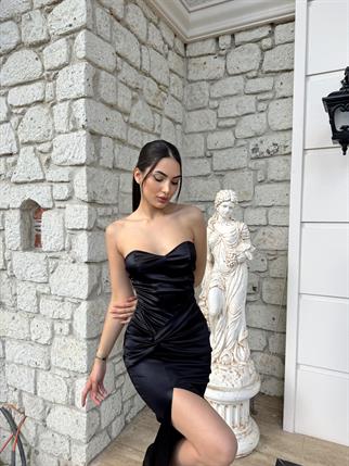 Pamira Ön Düğüm Detay Straplez Saten Abiye 582836 SİYAH