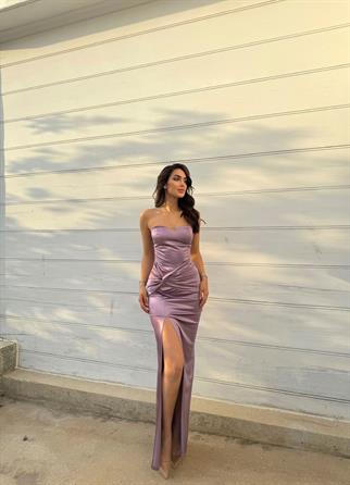 Pamira Ön Düğüm Detay Straplez Saten Abiye 582836 LİLA